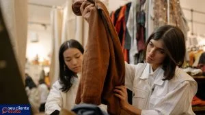Uma mulher assentada analisando um casaco com o braço esticado para cima, enquanto a outra mulher atrás está concentrada observando algo que não está aparecendo. Ambas parecem como cliente oculto em compras
