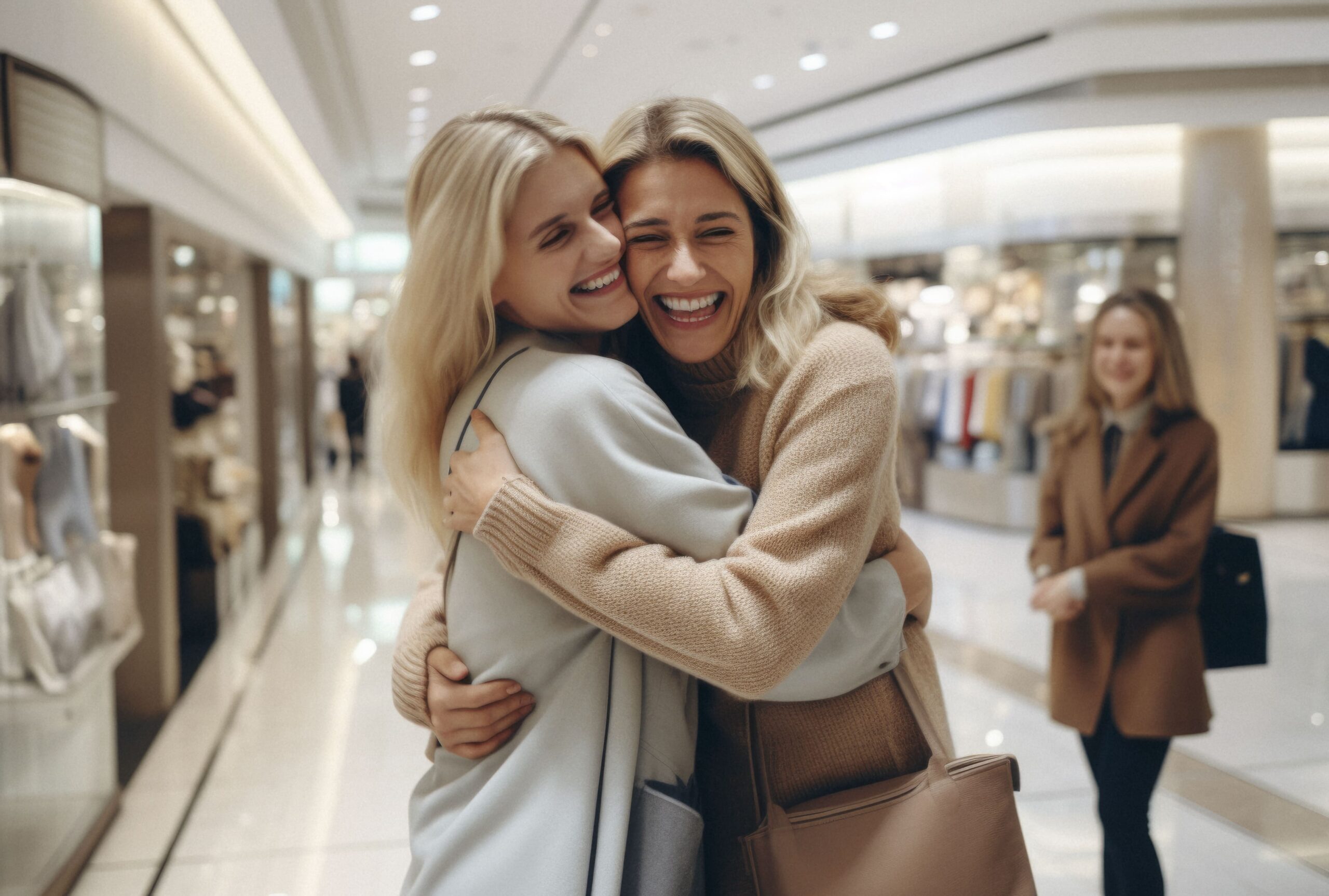 duas mulheres loiras se abraçando enquanto sorriem em um shopping