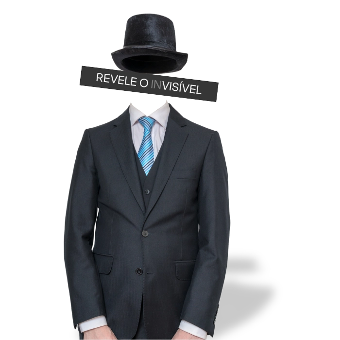 Imagem de destaque - Seu Cliente Oculto - Terno sem cabeça com etiqueta "Revele o invisível" — auditoria revelada para descobrir a verdade sobre o atendimento da sua equipe