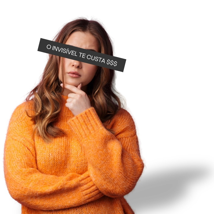 Imagem de destaque - Seu Cliente Oculto - Mulher pensativa com etiqueta "O invisível te custa $$$" — pesquisa de mercado para decisões baseadas em dados reais